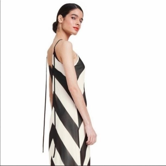 Christopher John Rogers Stripe Slip Dress Size 2 Black White Chevron Maxi Slit - Picture 11 of 12
